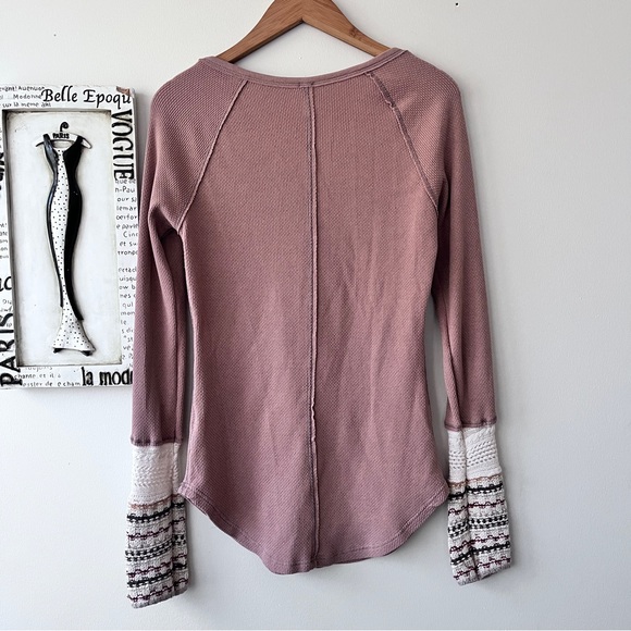 Free People Boho Tan Alpine Ski Lodge Thermal Knit Cuff Newbie Henley Size L - Picture 6 of 11